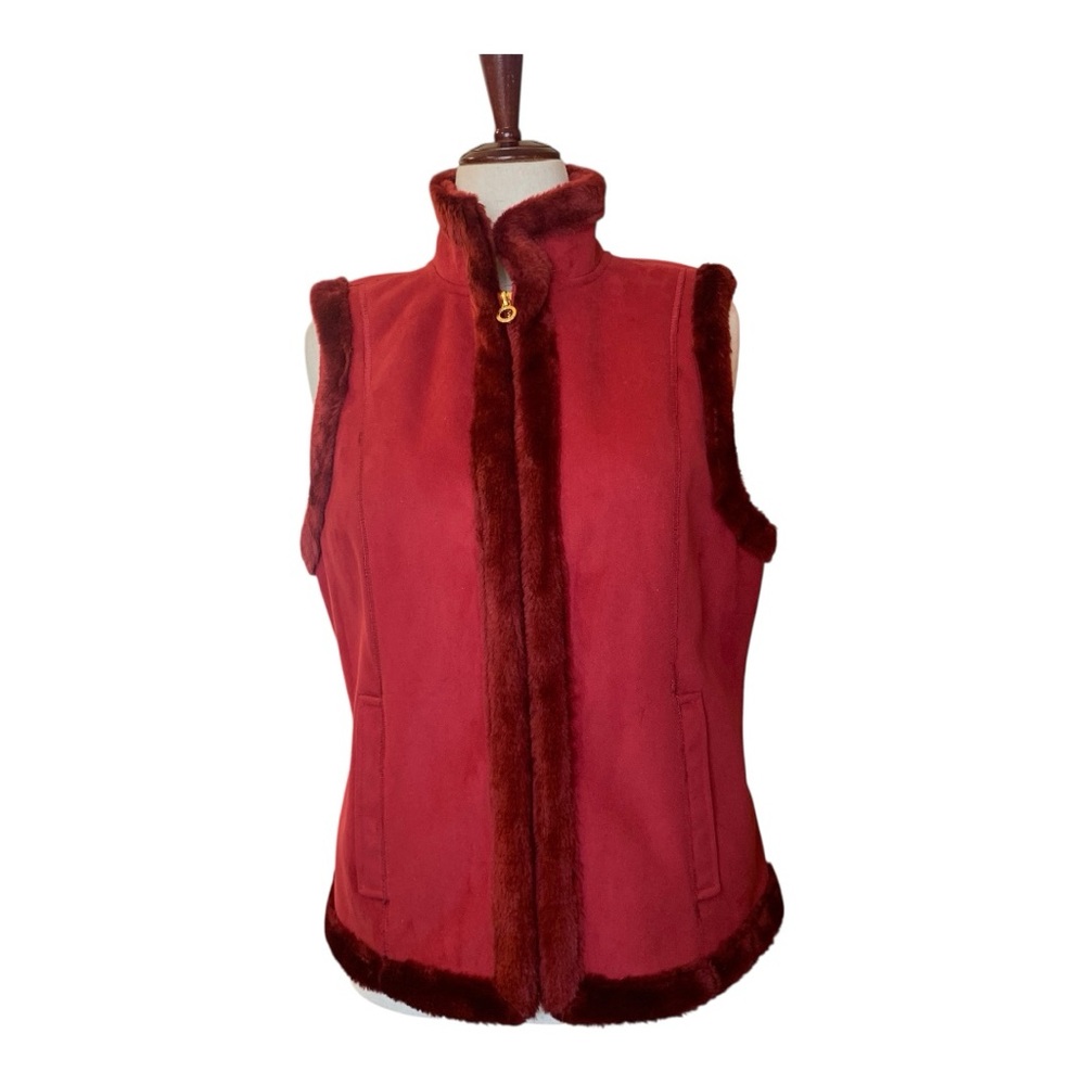 Elegant Chaps Red Burgundy Zip Vest Cozy Faux Suede/ Faux Fur With Pockets Sz L